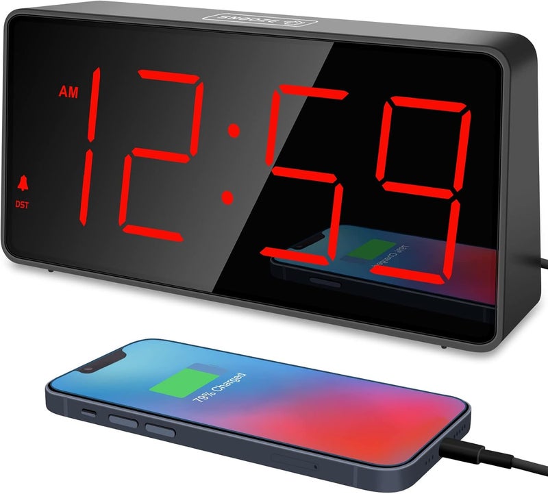 Peakeep Digital Clock, Alarm Clock for Bedrooms with USB Charger Port - Large Big Numbers 5 Brightness for Seniors, Battery Backup, Loud Alarm 5 Volums (Black with Red Digits) - Image 1