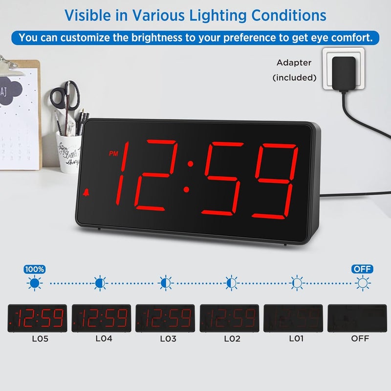 Peakeep Digital Clock, Alarm Clock for Bedrooms with USB Charger Port - Large Big Numbers 5 Brightness for Seniors, Battery Backup, Loud Alarm 5 Volums (Black with Red Digits) - Image 5