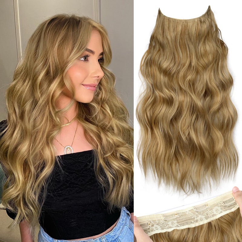 KooKaStyle Invisible Wire Hair Extensions with Transparent Headband Adjustable Size 4 Secure Clips Long Wavy Secret Wire Hairpiece 20 Inch Honey Blonde for Women - Image 1