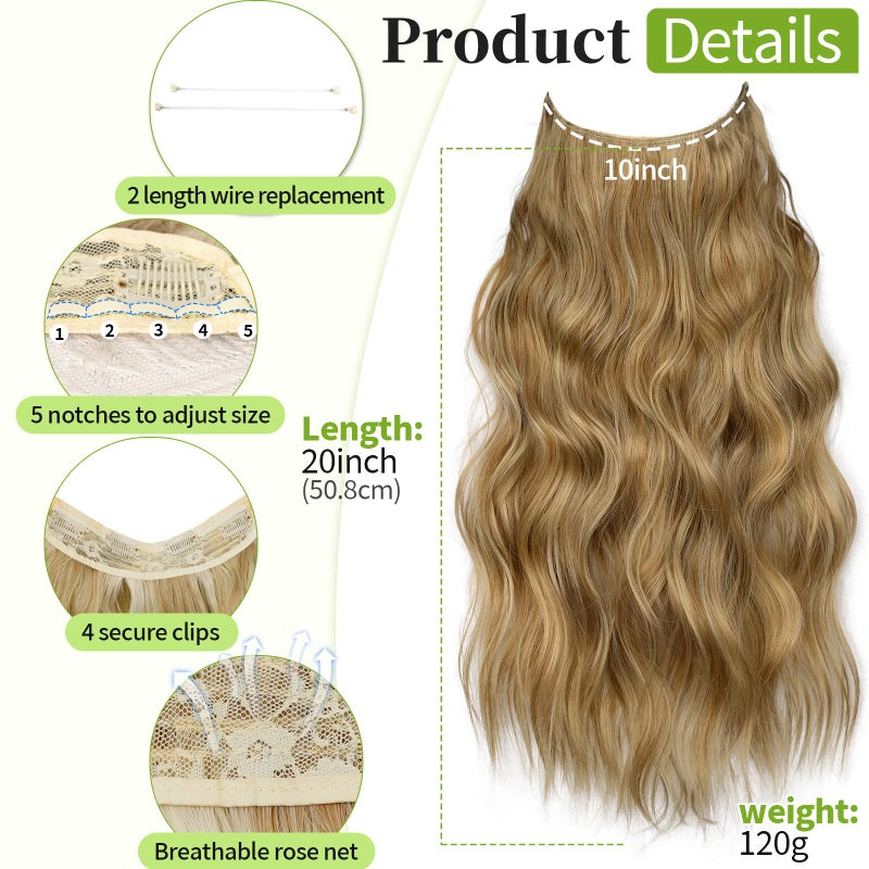 KooKaStyle Invisible Wire Hair Extensions with Transparent Headband Adjustable Size 4 Secure Clips Long Wavy Secret Wire Hairpiece 20 Inch Honey Blonde for Women - Image 2