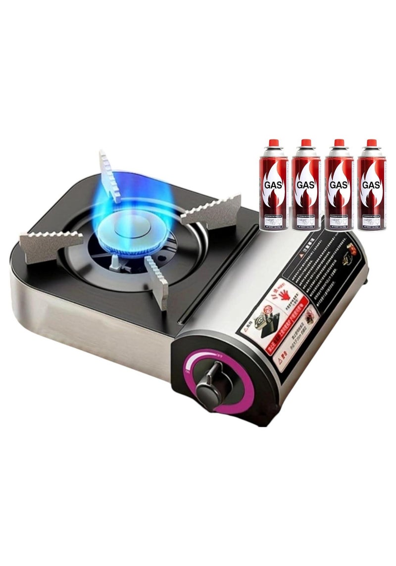GO2CAMPS Portable Mini Camping Gas Stove Burner with Adjustable Flame Control – Compact Butane Gas Cooker with 4 Butane Cartridges [ Compo Pack ] – 1.8kW High Efficiency Flame – Outdoor Cooking Stove for Camping, Hiking, Picnics & Emergency Use - Image 1