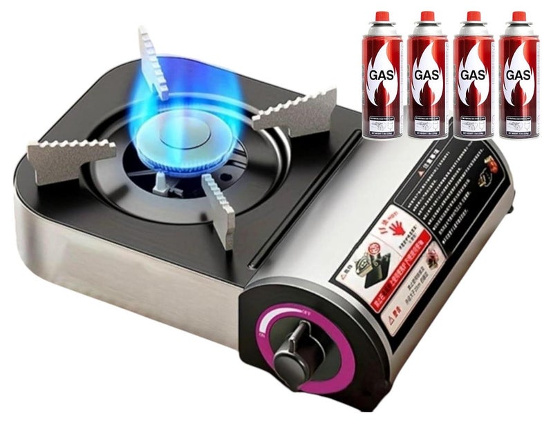 GO2CAMPS Portable Mini Camping Gas Stove Burner with Adjustable Flame Control – Compact Butane Gas Cooker with 4 Butane Cartridges [ Compo Pack ] – 1.8kW High Efficiency Flame – Outdoor Cooking Stove for Camping, Hiking, Picnics & Emergency Use - Image 1