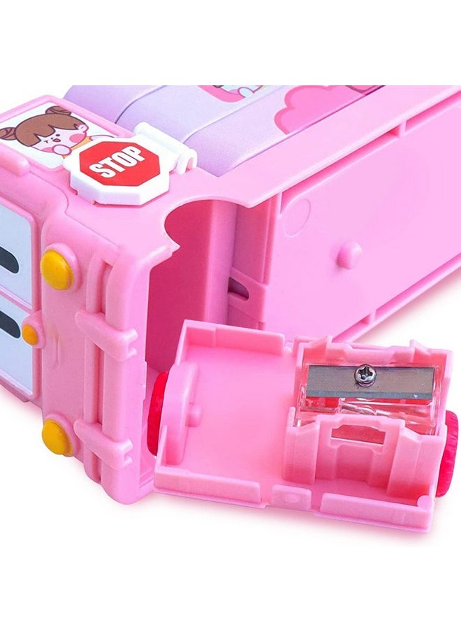 Prime Deals - Bus Shape Pencil Box School Bus Metal Geometry Box For Kids Magic Bus With Moving Tyres With 3 Compartments Moving Tyre'S & Sharpener Geometry Case For Boys & Girls (Pink) - Image 1