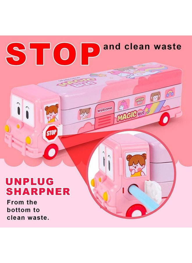 Prime Deals - Bus Shape Pencil Box School Bus Metal Geometry Box For Kids Magic Bus With Moving Tyres With 3 Compartments Moving Tyre'S & Sharpener Geometry Case For Boys & Girls (Pink) - Image 1