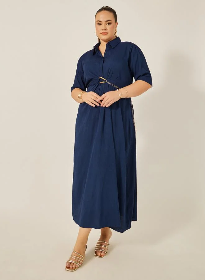 Styli Plus Size Textured Collared Shirt Dress with Chain Detail
