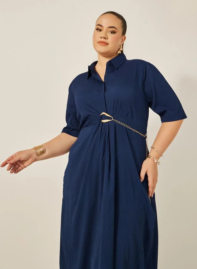 Styli Plus Size Textured Collared Shirt Dress with Chain Detail