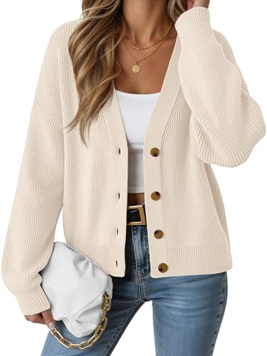 LILLUSORY Cardigan Sweaters for Women 2025 Early Fall Fashion Oversized Lightweight Sweater V Neck Knit Work Casual Outfits Clothes Button Tops Shirts Blouses Apricot S - Image 1