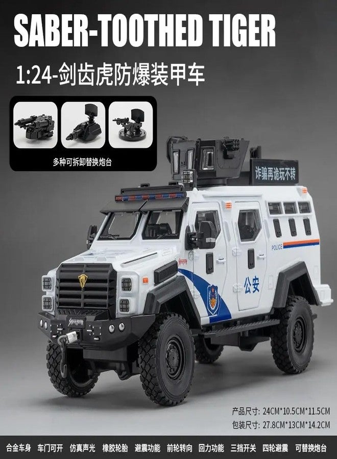 FEXXA Compatible for 1:24 Saber-Toothed Tiger Alloy Armored Car Model, Collectible Diecast Armoured Explosive Protected Vehicle Toy, Pull Back Toy Car with Sound and Light for Adult Kids (White) - Image 3