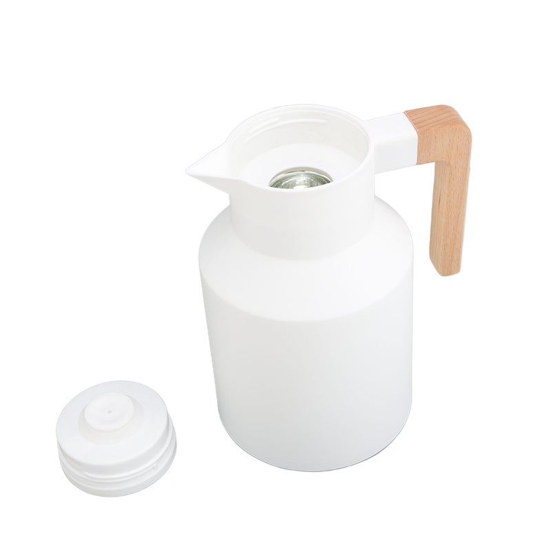 Coffee Carafe 1000ml Wooden Handle Double Wall Vacuum Heat Retention Thermal Coffee Carafe for Tea Juices Coffee White - Image 2