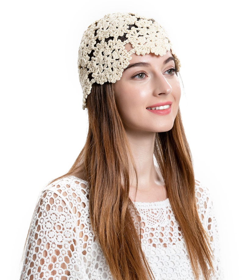 ZLYC Women Cotton Crochet Skull Cap Handmade Knit Cutout Floral Beanie Hat (Beige) - Image 3