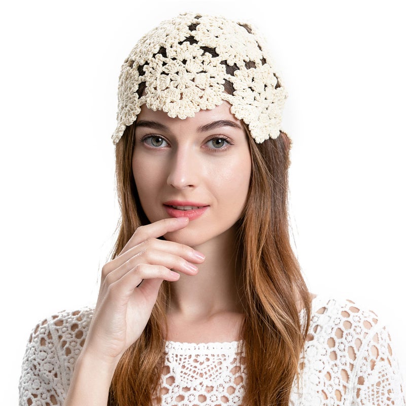 ZLYC Women Cotton Crochet Skull Cap Handmade Knit Cutout Floral Beanie Hat (Beige) - Image 4