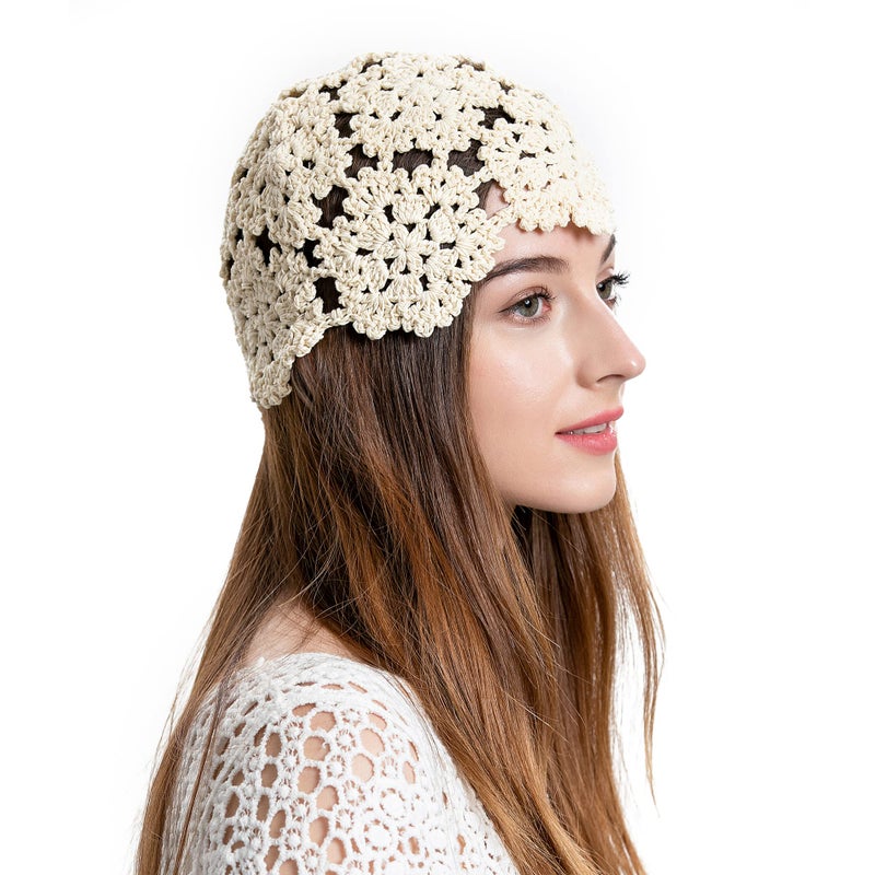 ZLYC Women Cotton Crochet Skull Cap Handmade Knit Cutout Floral Beanie Hat (Beige) - Image 1