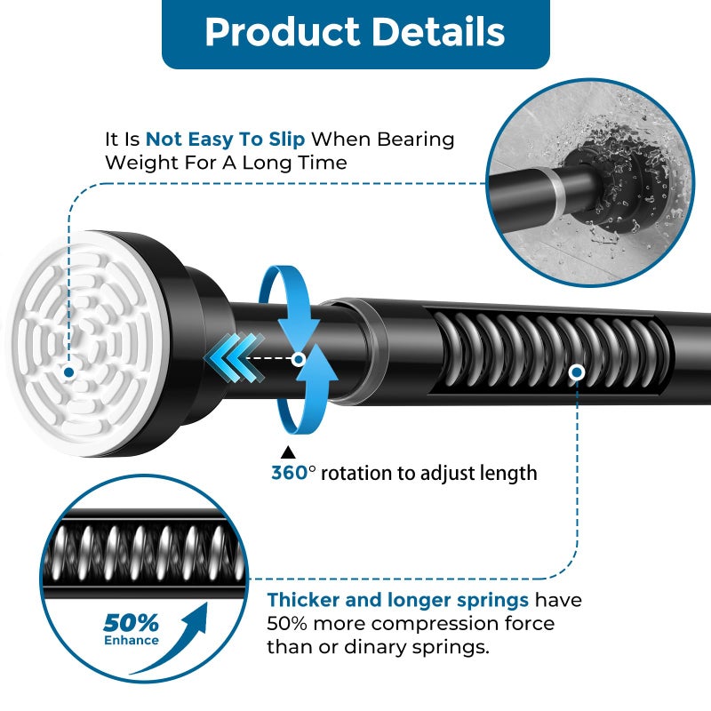 AIZESI Black Tension Curtain Rod 32-64 Inch 7/8" Diameter Spring Loaded Curtain Rods No Drilling Tension Rod Adjustable Curtain Rods for Window Doorway Bathroom Kitchen Closet - Image 3