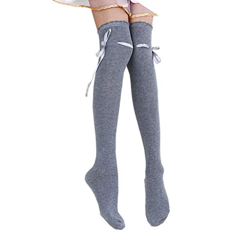 Patiky Women's Thigh High Socks Lolita Gothic Over Knee High Stocking Lace Up Thigh Stockings Girl Uniform Dress Long Socks PTK02 (US, Alpha, One Size, Gray) - Image 1