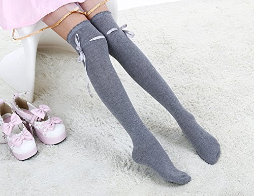 Patiky Women's Thigh High Socks Lolita Gothic Over Knee High Stocking Lace Up Thigh Stockings Girl Uniform Dress Long Socks PTK02 (US, Alpha, One Size, Gray) - Image 2