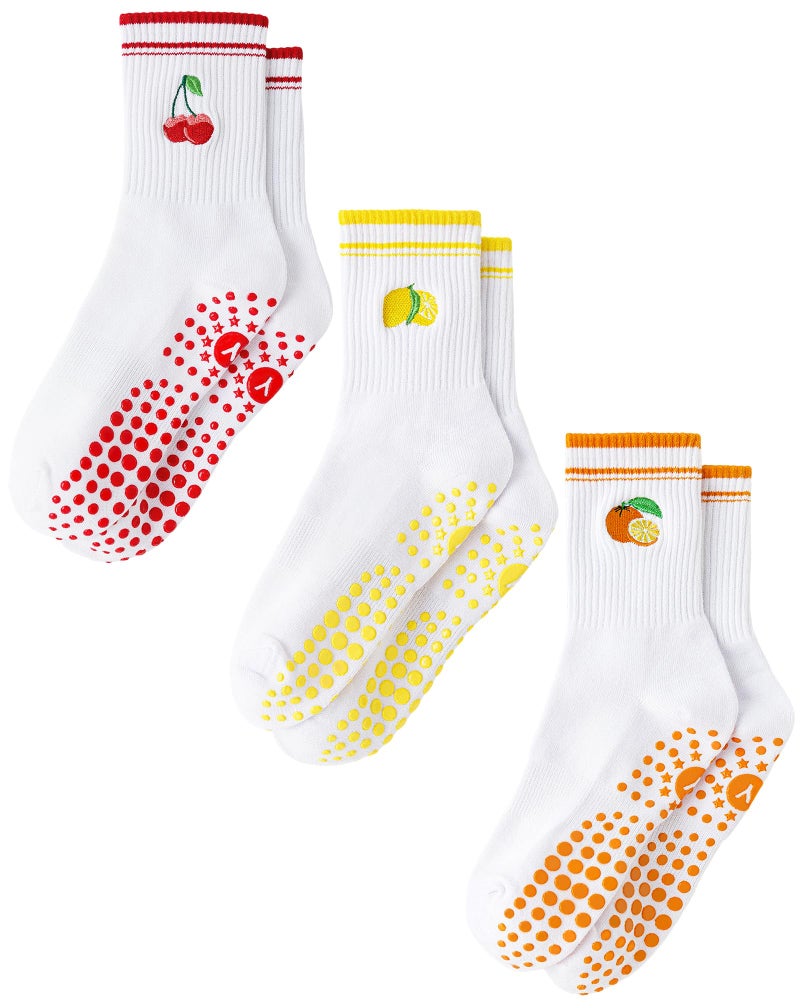 Yawlsow Pilates Grip Socks for Women Yoga Grippy Socks Cute Barre Non Skid Athletic Crew Sticky Sock Workout Hospital (US, Alpha, One Size, Regular, Regular, 3Pack-Cherry&Lemon&Orange) - Image 1