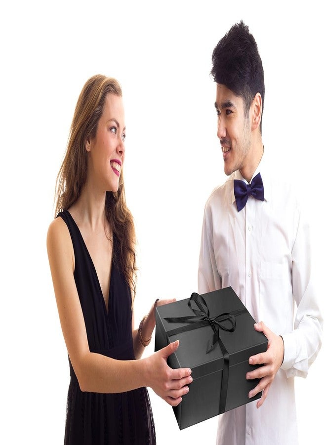 Linelglobal Large Gift Box with Lid for Present with Ribbon Filler Paper for Birthday Anniversary Father Day Foldable 12.6x9.8x4.9 - Black - Image 5