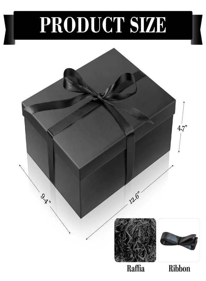 Linelglobal Large Gift Box with Lid for Present with Ribbon Filler Paper for Birthday Anniversary Father Day Foldable 12.6x9.8x4.9 - Black - Image 2