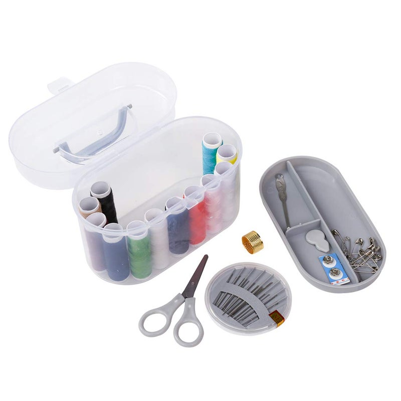 MINISO Double Layer Portable Travel Sewing Kits Box with Color Needle Threads Scissor pin Hand Work Sewing Box Handwork Accessories (Grey) - Image 1