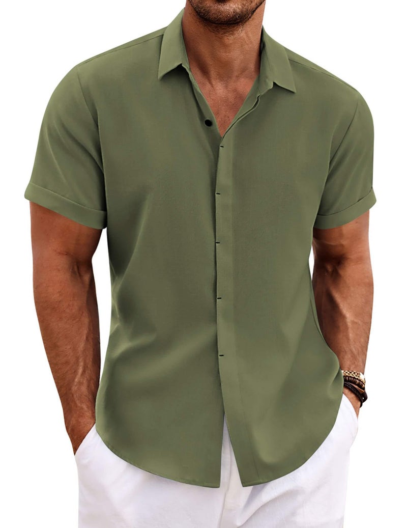 COOFANDY Mens Beach Shirt Short Sleeve Button Up Shirts for Men Olive Green - Image 2