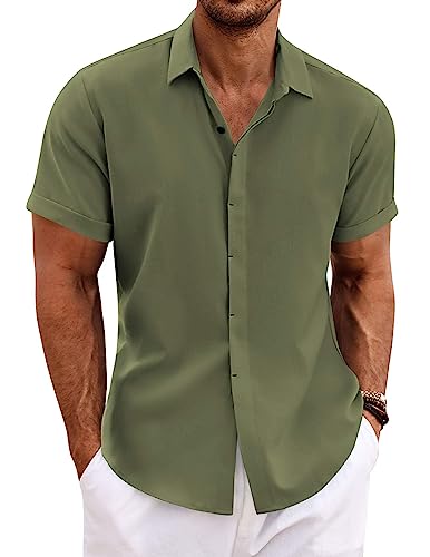 COOFANDY Mens Beach Shirt Short Sleeve Button Up Shirts for Men Olive Green - Image 1