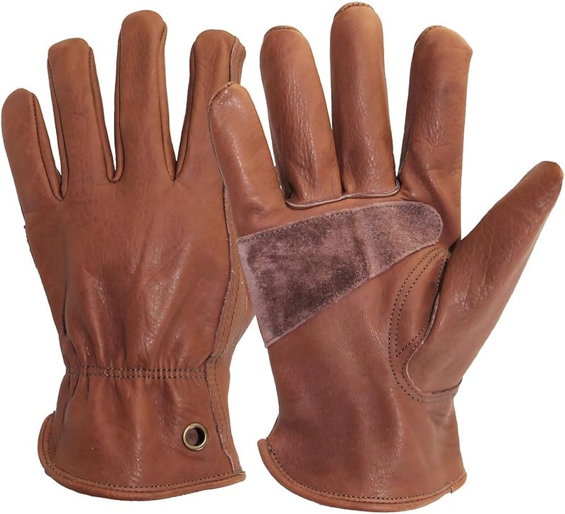 قفازات العمل الجلدية البنية للرجال مع كف مدعم وبناء معصم مرن جاهزة - Image 1