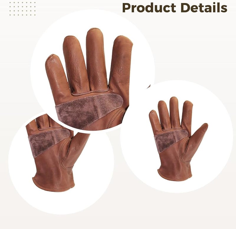 قفازات العمل الجلدية البنية للرجال مع كف مدعم وبناء معصم مرن جاهزة - Image 3