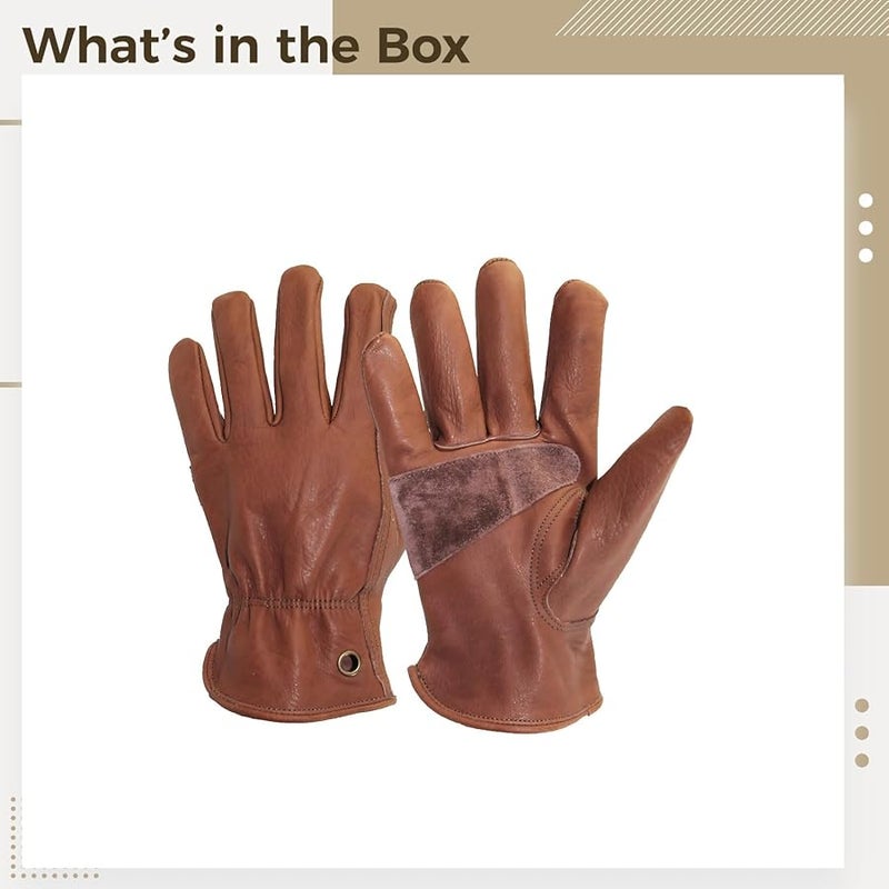 قفازات العمل الجلدية البنية للرجال مع كف مدعم وبناء معصم مرن جاهزة - Image 4