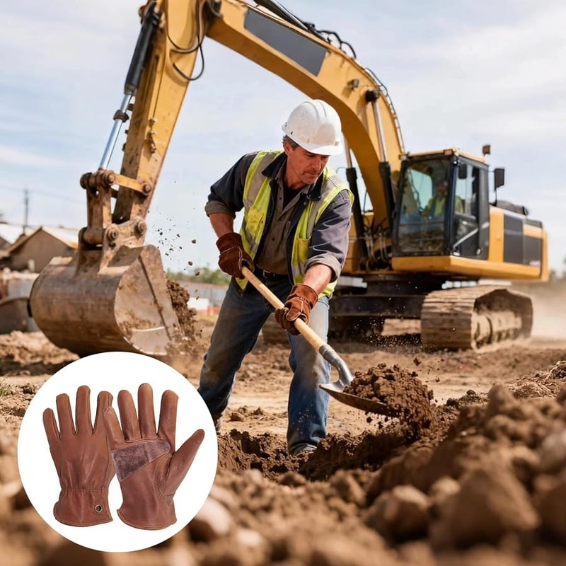 قفازات العمل الجلدية البنية للرجال مع كف مدعم وبناء معصم مرن جاهزة - Image 5