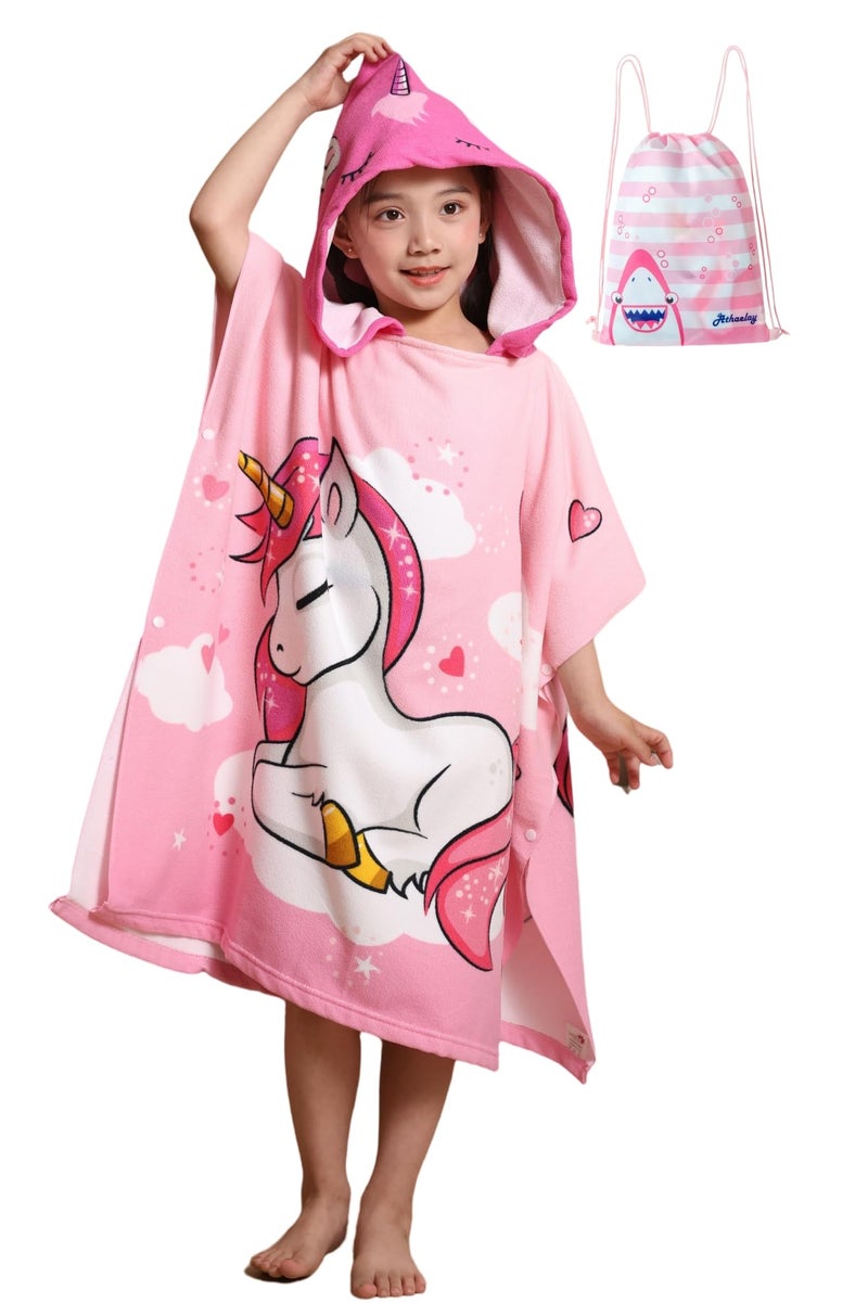 Athaelay Soft Swim Coverups for Age 3 to 8 Years Kids Big Girls Pink Unicorn Hooded Bath Beach Poncho Towel
