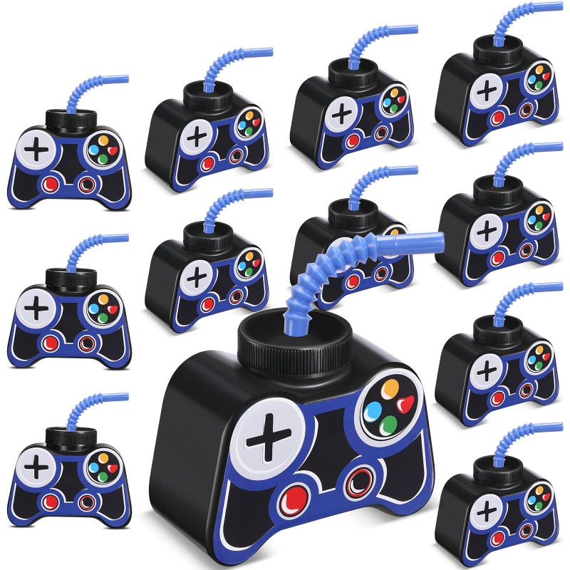 Mifoci 12 Pcs Plastic Video Game Party Cups with Straw and Lid 10oz Gamer Birthday Themed Drink Cups 7th Video Game Party Favors for Kids Toddlers Gamer Birthday Supplies Blue - Image 2