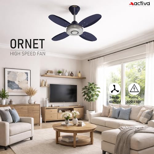 ACTIVA ORNET 600mm Ceiling Fan, 850 RPM High Speed Air Delivery with 4 Blades, Anti-Dust Coating, 2 Years Warranty - Silver Blue - Image 3