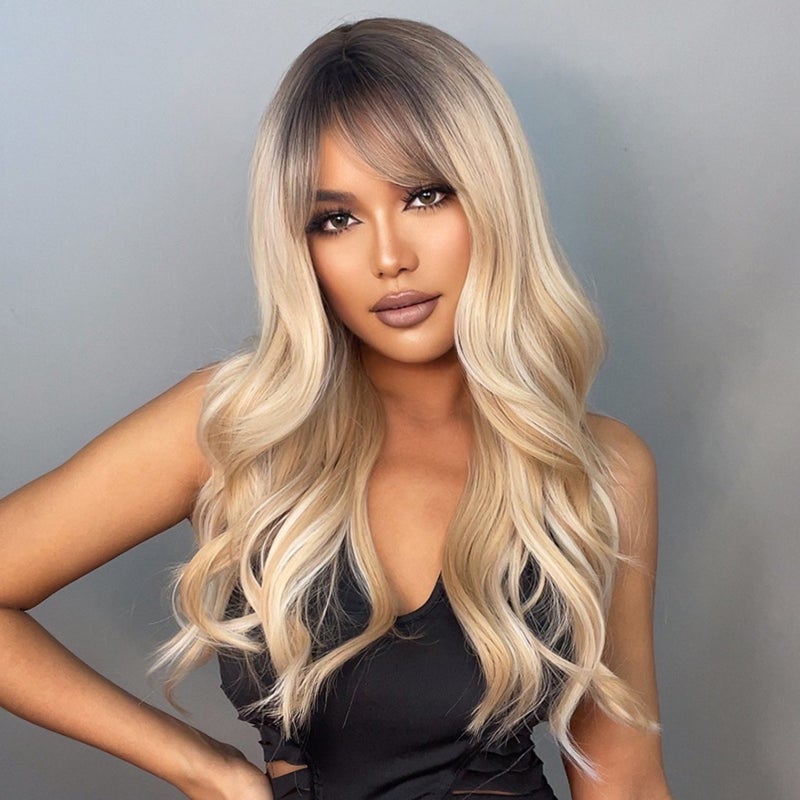 Long Curling Hair Wigs with Bangs Sexy Wavy Hair Wig with Hair Net Heat Synthetic for Women Cosplay Party Daily Use - Image 3