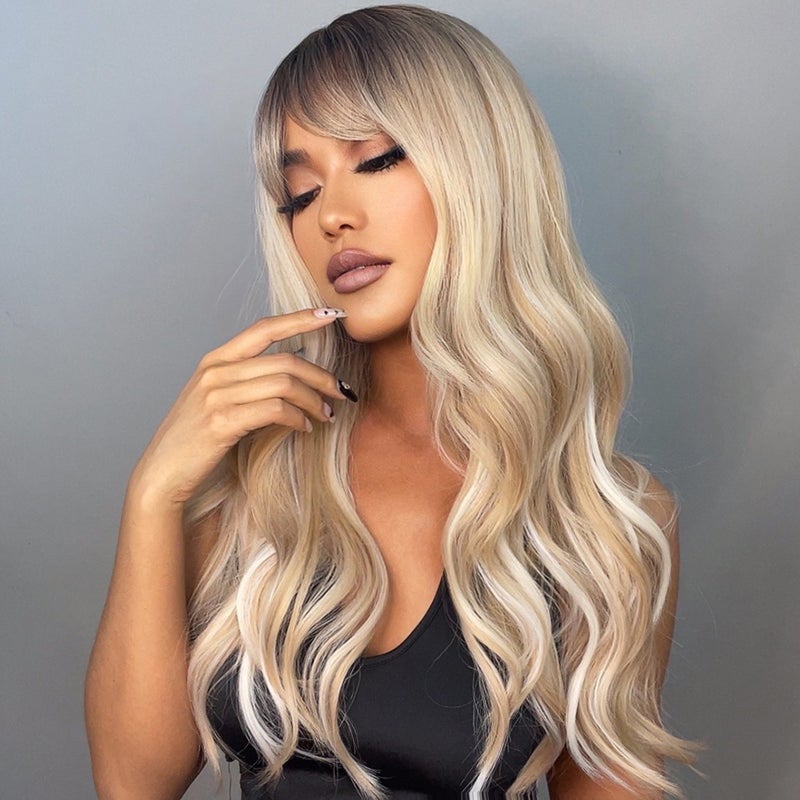 Long Curling Hair Wigs with Bangs Sexy Wavy Hair Wig with Hair Net Heat Synthetic for Women Cosplay Party Daily Use - Image 4