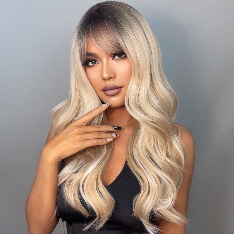 Long Curling Hair Wigs with Bangs Sexy Wavy Hair Wig with Hair Net Heat Synthetic for Women Cosplay Party Daily Use - Image 1