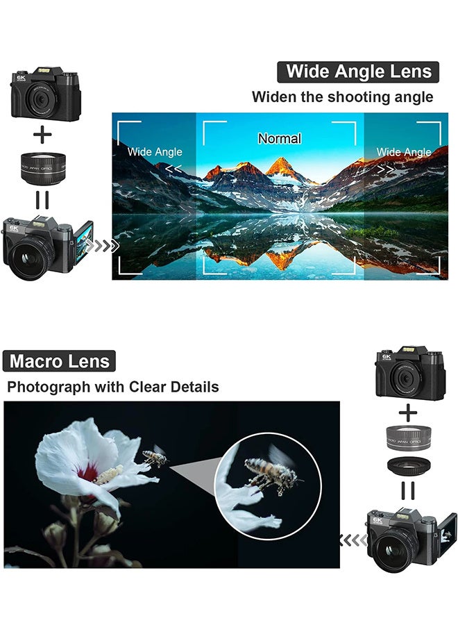 Generic 6K Digital Camera for Photography 64MP Vlogging Camera for YouTube with WiFi, 180°Flip Screen, 16X Digital Zoom, 52mm Lens, Autofocus,128GB Micro SD Card, 2 Batteries  - Image 4