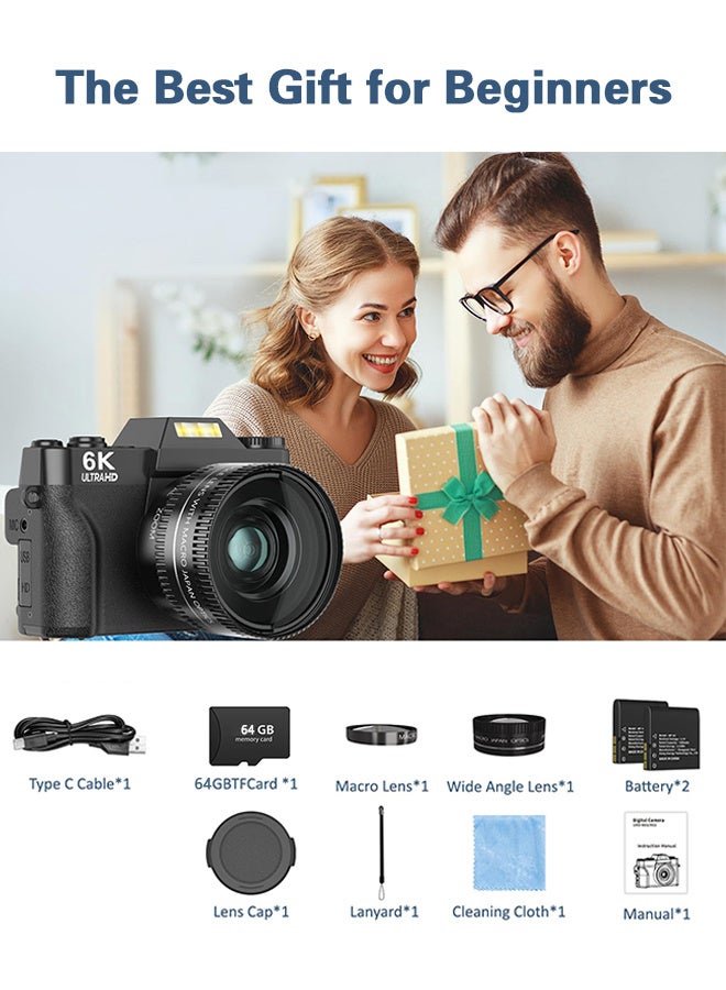 6K Digital Camera for Photography 64MP Vlogging Camera for YouTube with WiFi, 180°Flip Screen, 16X Digital Zoom, 52mm Lens, Autofocus,64GB Micro SD Card, 2 Batteries - Image 3