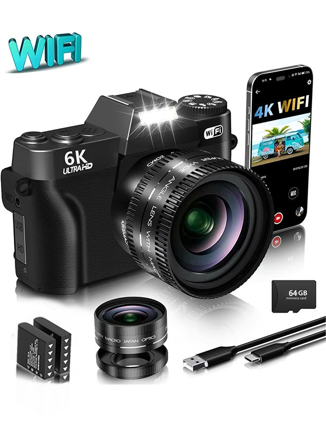 6K Digital Camera for Photography 64MP Vlogging Camera for YouTube with WiFi, 180°Flip Screen, 16X Digital Zoom, 52mm Lens, Autofocus,64GB Micro SD Card, 2 Batteries - Image 1