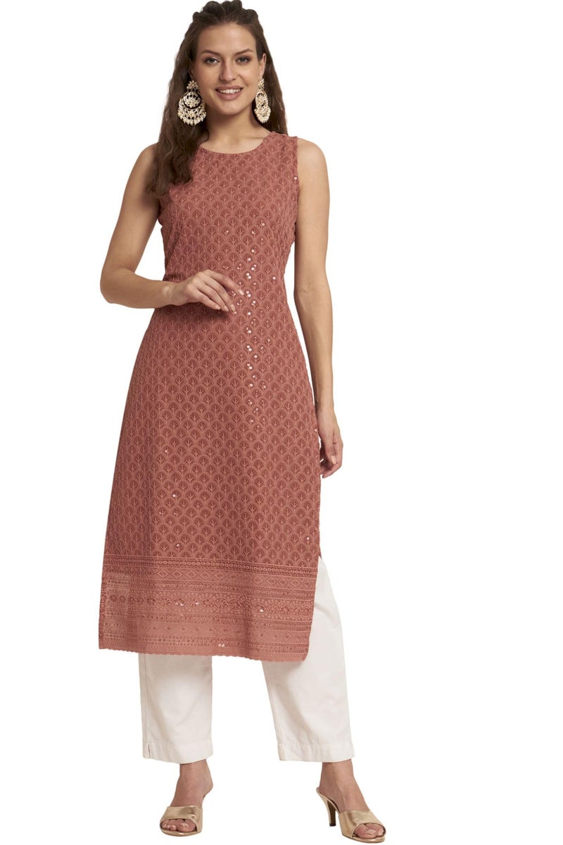SHOPPING QUEEN Women's Georgette Straight Kurta (A501_Rust Orange_S) - Image 1