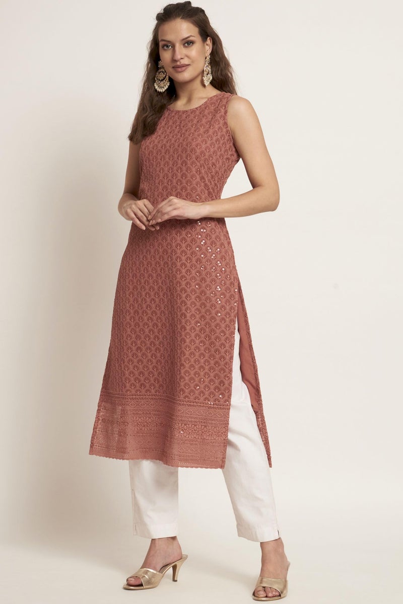 SHOPPING QUEEN Women's Georgette Straight Kurta (A501_Rust Orange_S) - Image 3