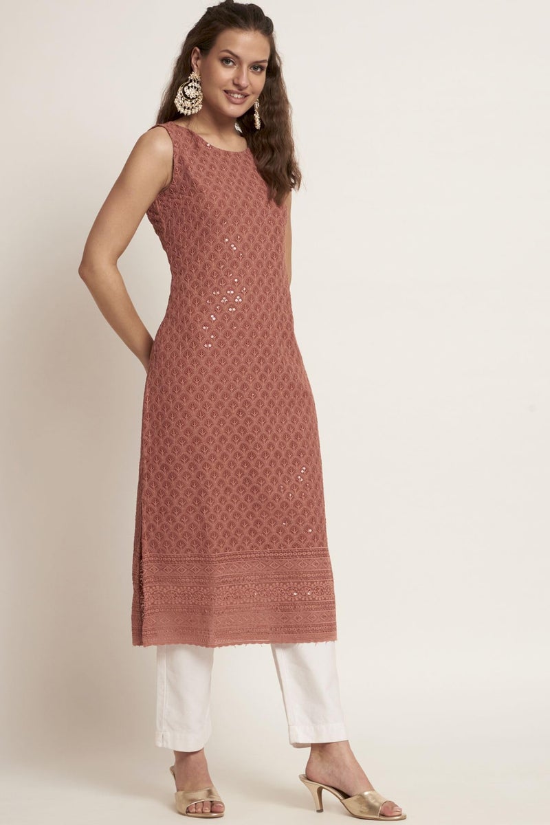 SHOPPING QUEEN Women's Georgette Straight Kurta (A501_Rust Orange_S) - Image 4