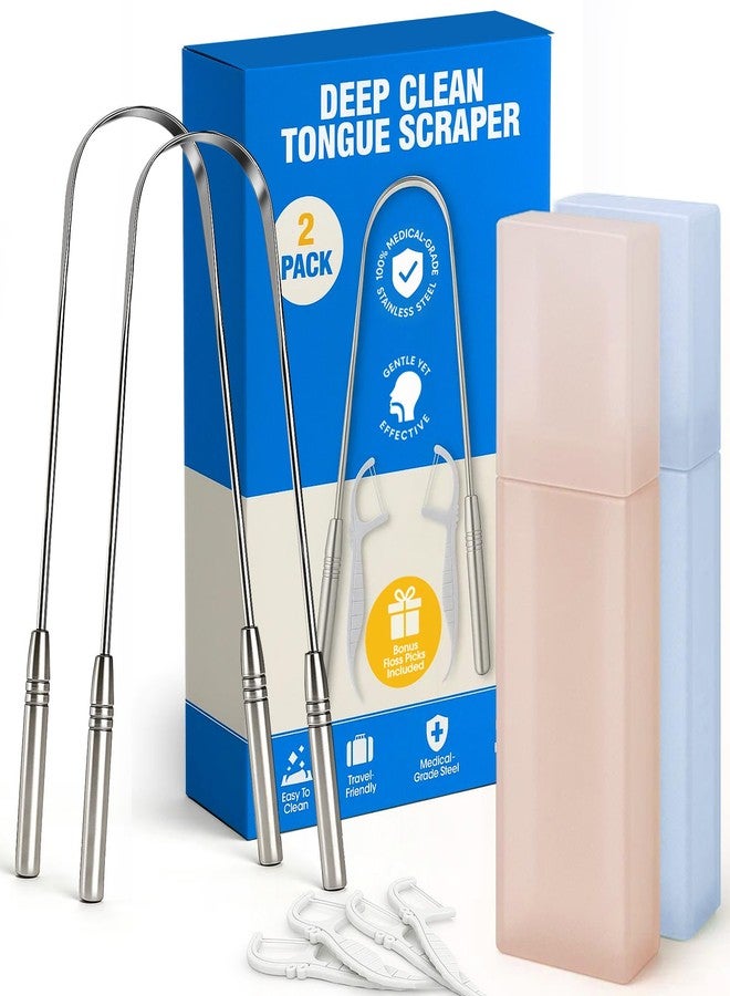 COSMOPLUS Stainless Tongue Scraper Set for Adults： Easy To Use For Oral Care and Hygiene – Pack Of 2 Stainless Steel Tongue Cleaners, 2 Travel Cases, 4 Floss Picks – Cleaning for Tongue Care & Fresh Breath - Image 1