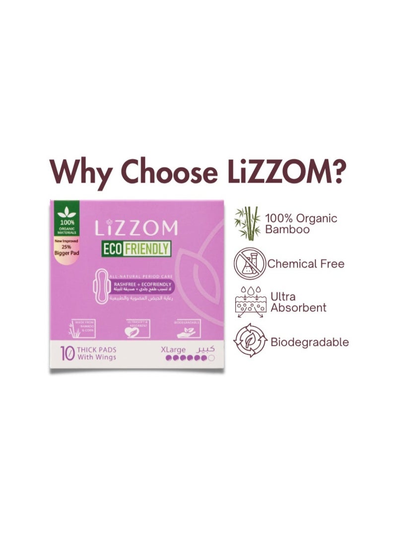 LiZZOM Organic THICK Xtra Large Sanitary Pads with Wings, Pack of 3 (30 Pads), Bamboo Top Sheet, Biodegradable Back Sheet - Image 2