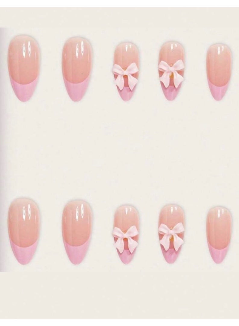 Tuline 24Pcs Pink French Press On Nails Almond Shape With Heart Bow Pearl Crystal Full Cover Acrylic Nails For Women - Image 3