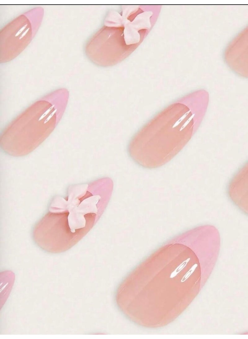 Tuline 24Pcs Pink French Press On Nails Almond Shape With Heart Bow Pearl Crystal Full Cover Acrylic Nails For Women - Image 2
