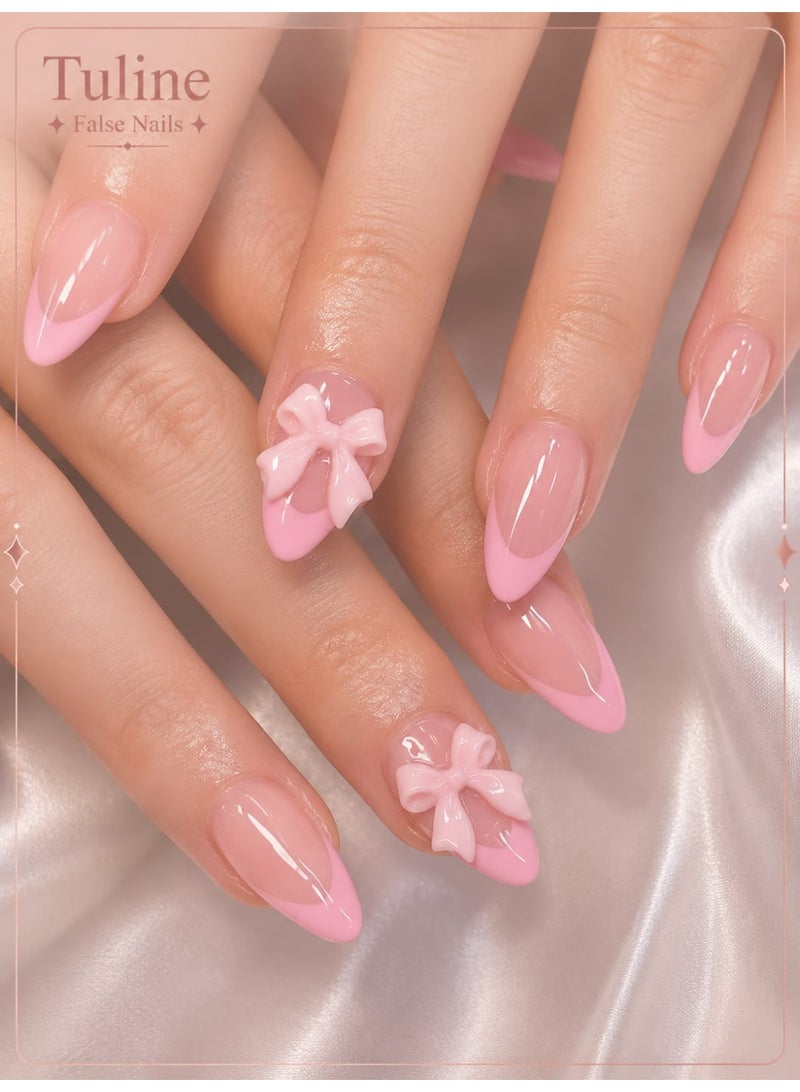 Tuline 24Pcs Pink French Press On Nails Almond Shape With Heart Bow Pearl Crystal Full Cover Acrylic Nails For Women - Image 1