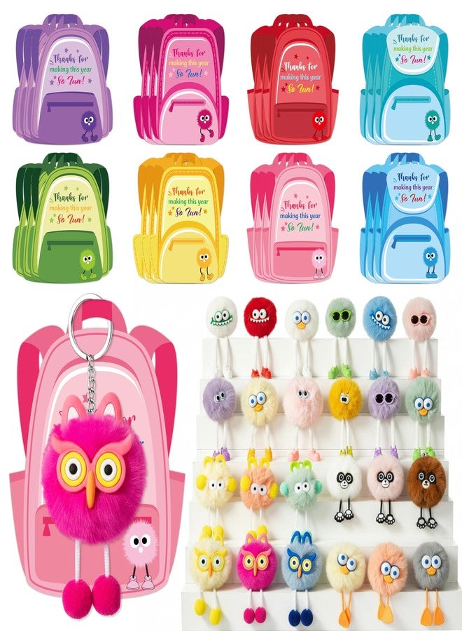 TICIAGA 24 Style End of School Year Plush Keychain Gift Set with Thank You Card, Fun Fluffy Pom Pom Keychain Bulk Fur Ball Charm for Kids Last Day of School Class Prizes Party Favor Goodie Bag Stuffer - Image 1
