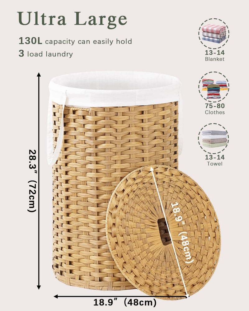 SETVSON Large Laundry Hamper Laundry Basket Round 34.3 Gal (130 L) Handwoven Wicker Laundry Baskets Rattan Laundry Basket with Laundry Bag Handles 2 Mesh Bags for Living Room Bedroom Natural - Image 4