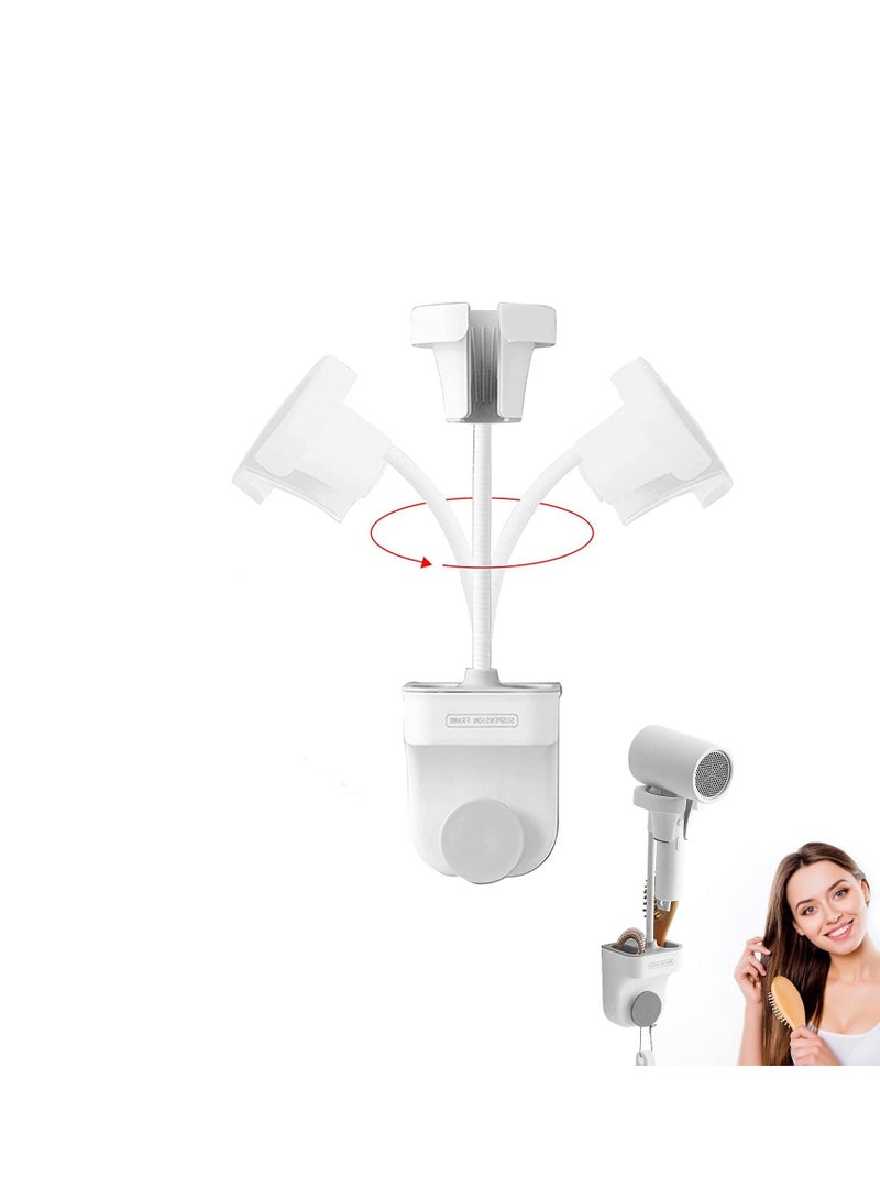 SYOSI حامل مجفف الشعر بدون استخدام اليدين قابل للتعديل دوران 360 درجة حامل تجفيف الشعر الكسول مع تخزين ذراع قابل للتعديل حمام مرحاض غرفة نوم مثبت على الحائط للمرايا وبلاط السيراميك - Image 1