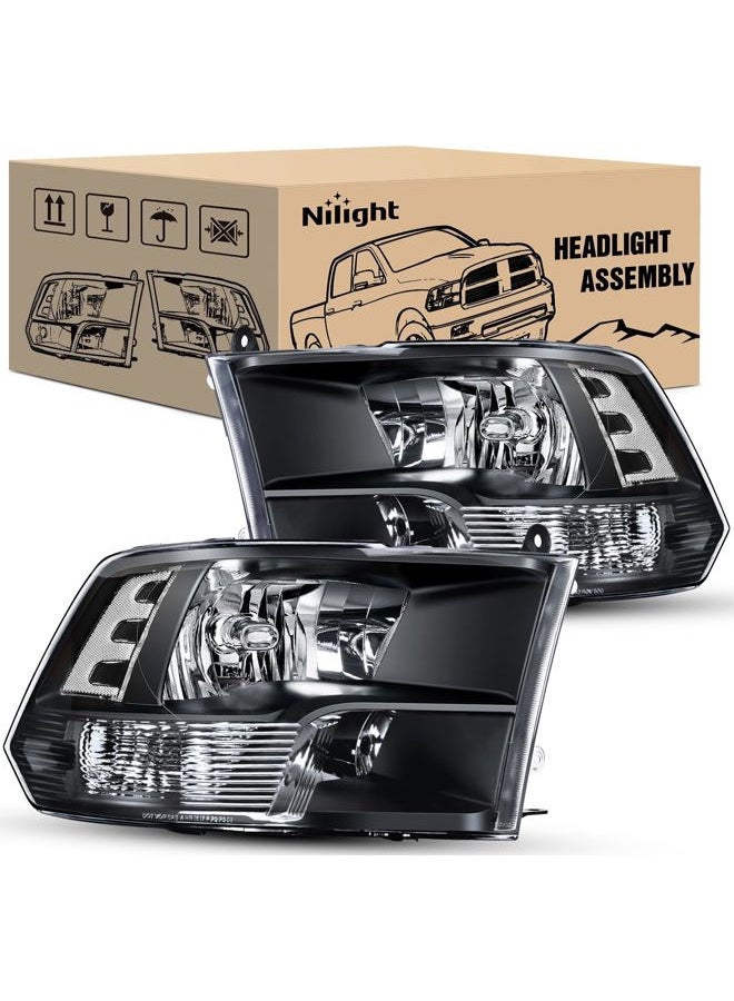 Nilight Headlight Assembly 2009 2010 2011 2012 2013 2014 2015 2016 2017 2018 Ram 1500 2500 3500 Pickup Quad Headlamp Assembly Replacement Black Housing Clear Corner Clear Lens,(Only for Quad Models) - Image 1
